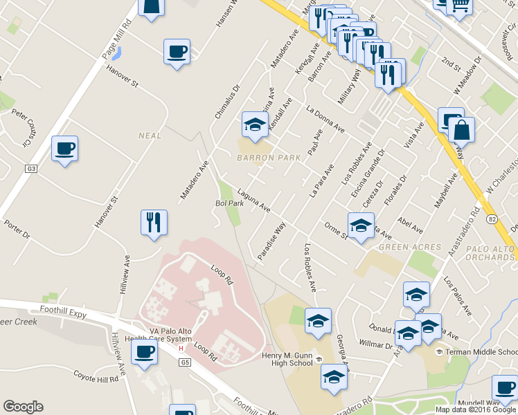 map of restaurants, bars, coffee shops, grocery stores, and more near 3732 Laguna Oaks Place in Palo Alto