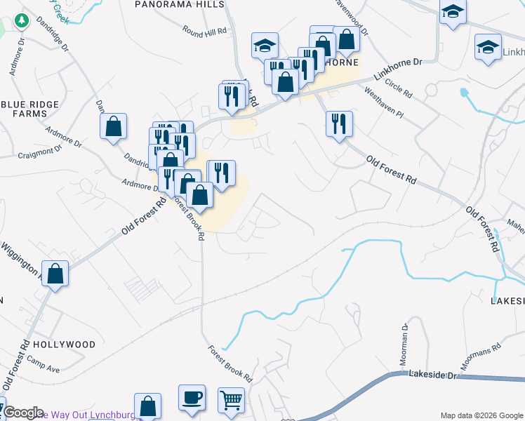 map of restaurants, bars, coffee shops, grocery stores, and more near 200 Belle Terre Drive in Lynchburg