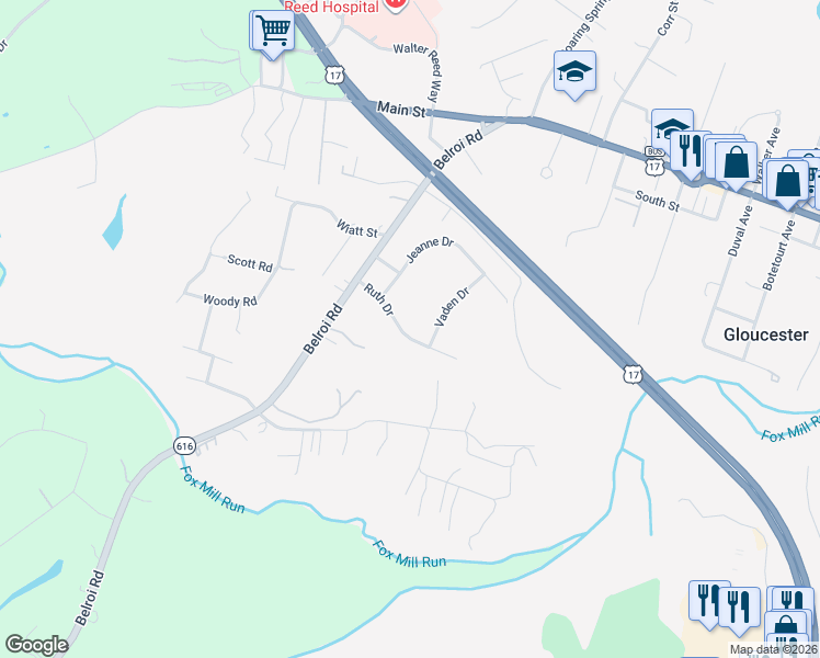 map of restaurants, bars, coffee shops, grocery stores, and more near 6223 Ruth Drive in Gloucester