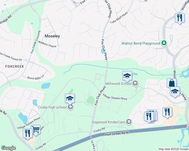 map of restaurants, bars, coffee shops, grocery stores, and more near 6412 Sanford Springs Cove in Midlothian