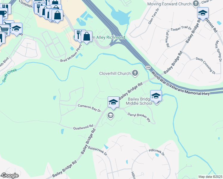 map of restaurants, bars, coffee shops, grocery stores, and more near 12402 Cameron Bridge Court in Midlothian