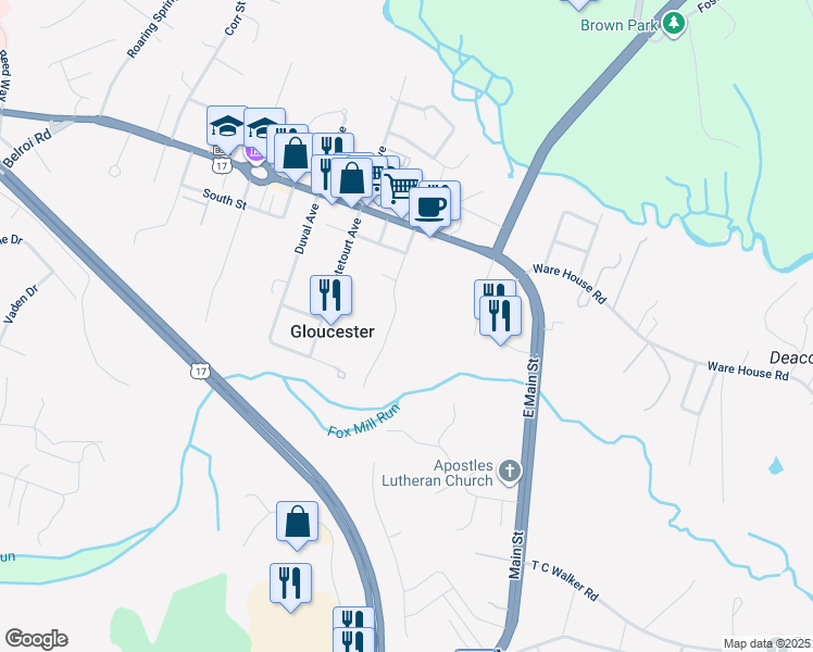 map of restaurants, bars, coffee shops, grocery stores, and more near 7191 Clements Avenue in Gloucester