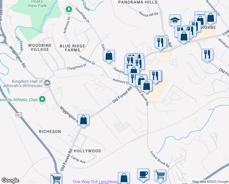 map of restaurants, bars, coffee shops, grocery stores, and more near 42 Timber Court in Lynchburg