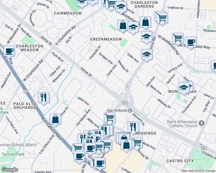 map of restaurants, bars, coffee shops, grocery stores, and more near 108 Ferne Avenue in Palo Alto