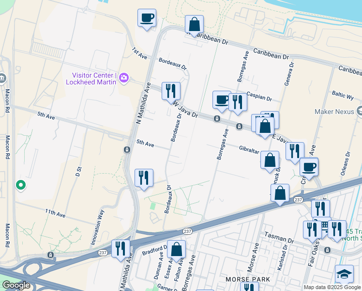 map of restaurants, bars, coffee shops, grocery stores, and more near 1212 Bordeaux Drive in Sunnyvale