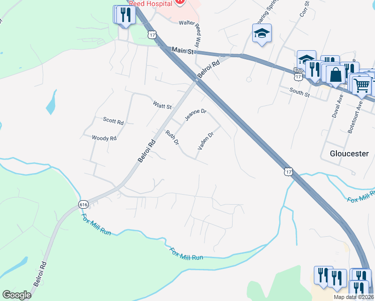 map of restaurants, bars, coffee shops, grocery stores, and more near 6223 Ruth Drive in Gloucester