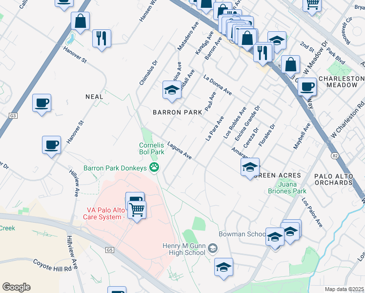 map of restaurants, bars, coffee shops, grocery stores, and more near 883 Ilima Court in Palo Alto