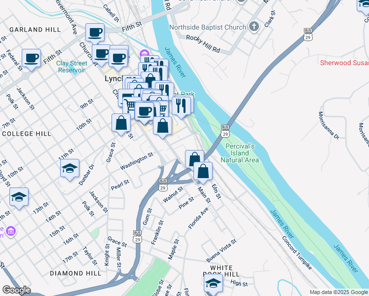 map of restaurants, bars, coffee shops, grocery stores, and more near 159 Elm Street in Lynchburg