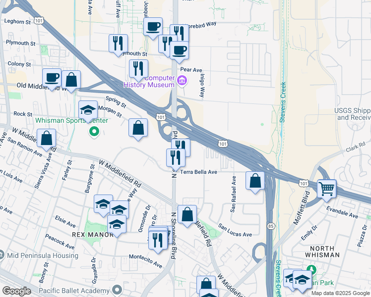 map of restaurants, bars, coffee shops, grocery stores, and more near 1091 North Shoreline Boulevard in Mountain View