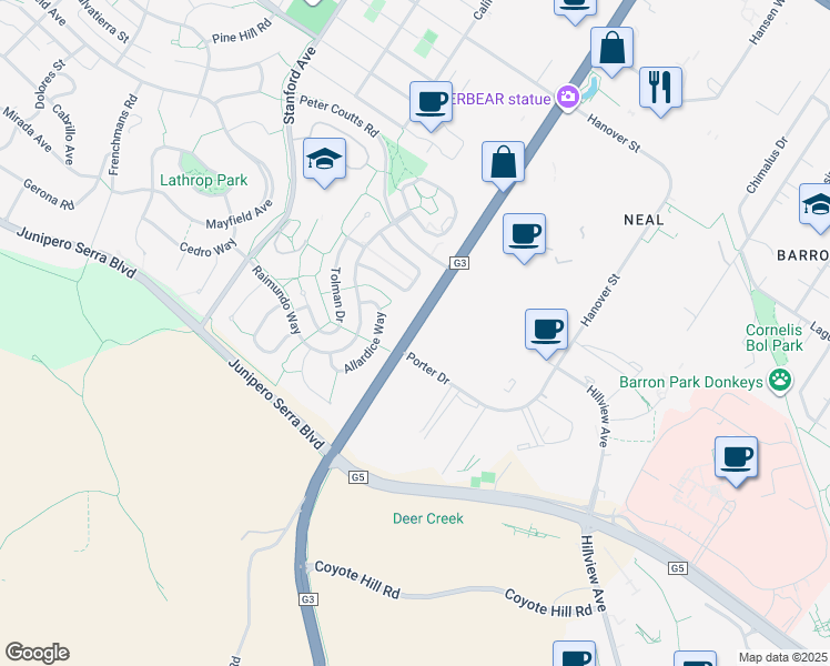 map of restaurants, bars, coffee shops, grocery stores, and more near 1661 Page Mill Road in Palo Alto