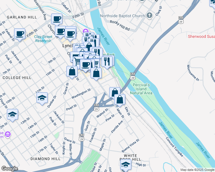 map of restaurants, bars, coffee shops, grocery stores, and more near 159 Elm Street in Lynchburg