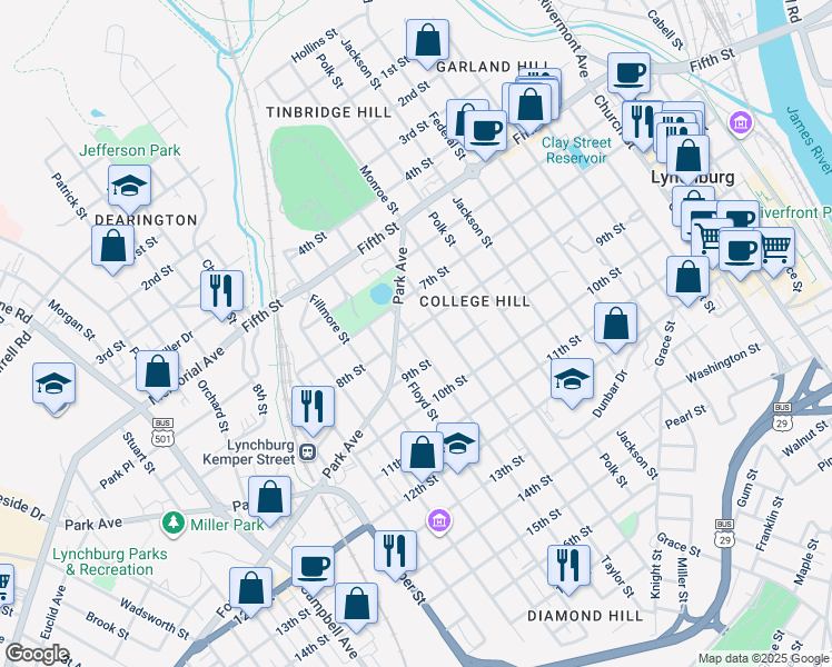 map of restaurants, bars, coffee shops, grocery stores, and more near 1336 Park Avenue in Lynchburg
