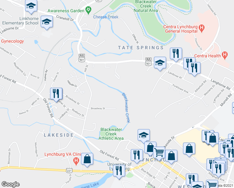 map of restaurants, bars, coffee shops, grocery stores, and more near 2820 Hill Street in Lynchburg