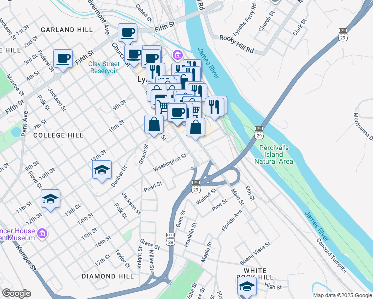 map of restaurants, bars, coffee shops, grocery stores, and more near in Lynchburg