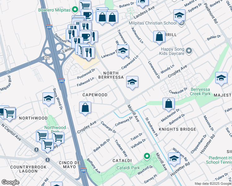 map of restaurants, bars, coffee shops, grocery stores, and more near 3056 Vía Del Coronado in San Jose