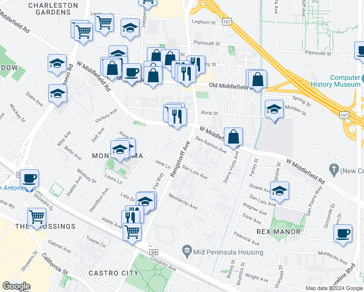 map of restaurants, bars, coffee shops, grocery stores, and more near 444 North Rengstorff Avenue in Mountain View