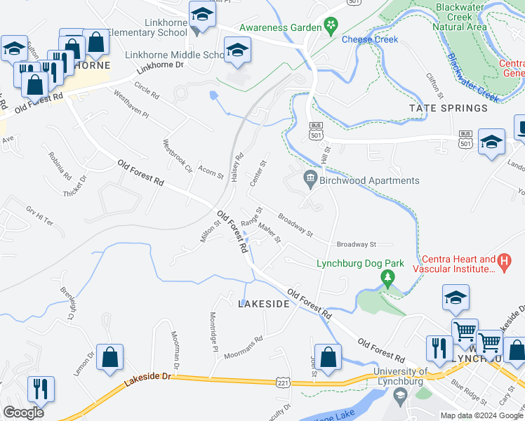 map of restaurants, bars, coffee shops, grocery stores, and more near 2133 Broadway Street in Lynchburg