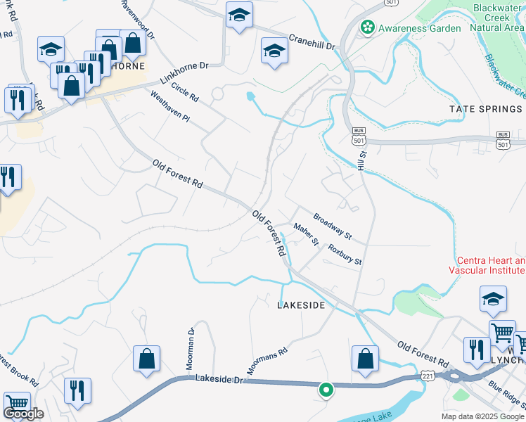map of restaurants, bars, coffee shops, grocery stores, and more near 2212 Old Forest Road in Lynchburg