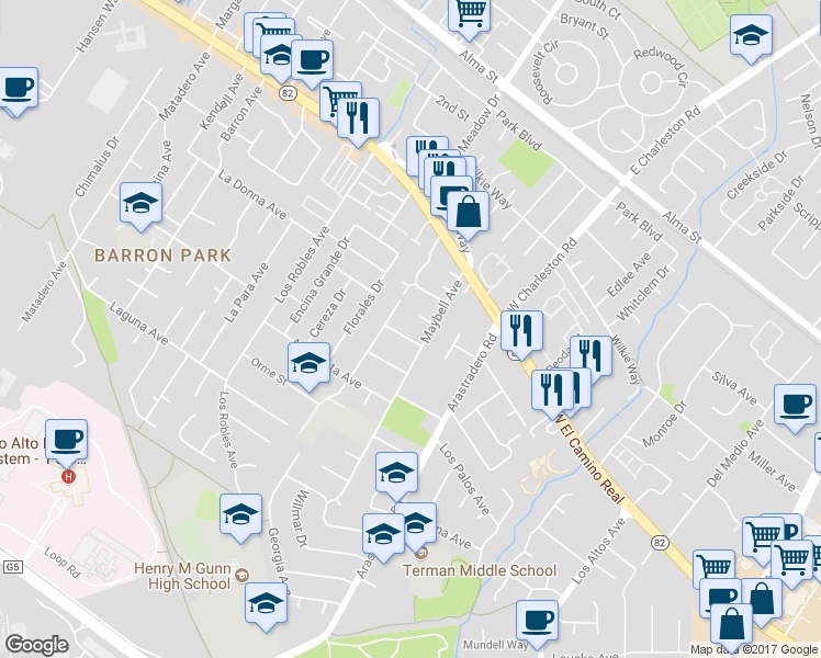 map of restaurants, bars, coffee shops, grocery stores, and more near 4189 Baker Ave in Palo Alto
