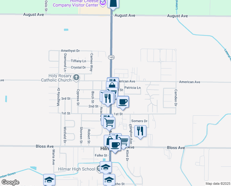 map of restaurants, bars, coffee shops, grocery stores, and more near 19936 3rd Street in Hilmar