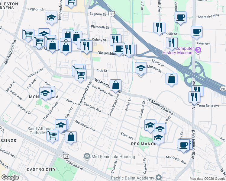 map of restaurants, bars, coffee shops, grocery stores, and more near 1944 San Ramon Avenue in Mountain View