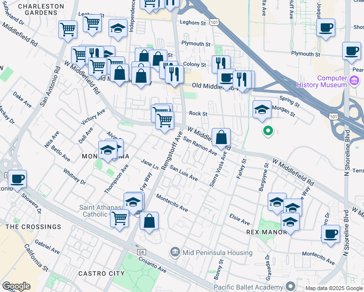 map of restaurants, bars, coffee shops, grocery stores, and more near 429 North Rengstorff Avenue in Mountain View
