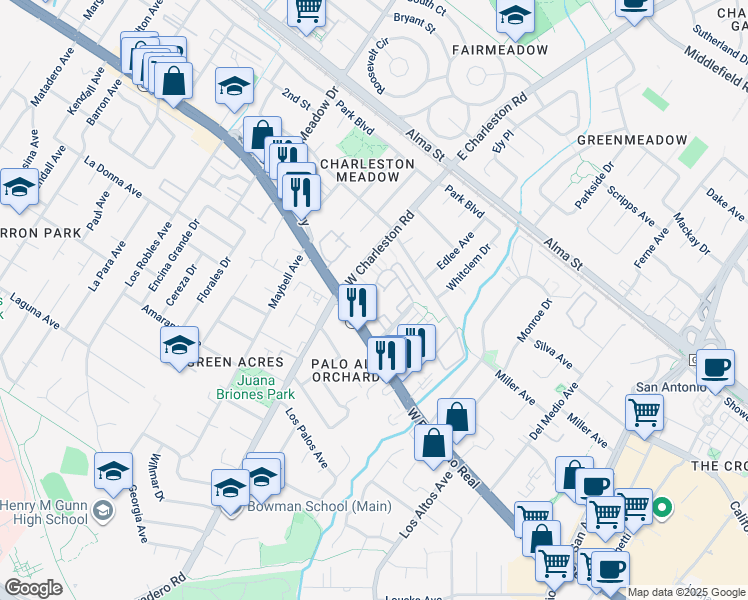 map of restaurants, bars, coffee shops, grocery stores, and more near 4238 Rickeys Lane in Palo Alto