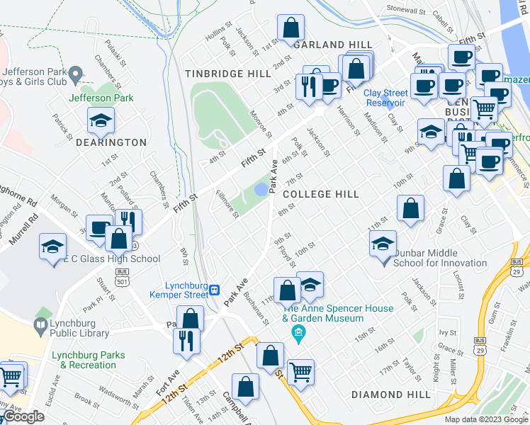 map of restaurants, bars, coffee shops, grocery stores, and more near 1336 Park Avenue in Lynchburg