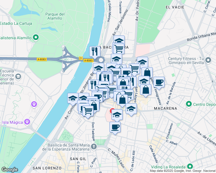 map of restaurants, bars, coffee shops, grocery stores, and more near 2A Calle Fedra in Sevilla