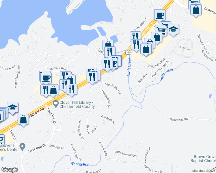 map of restaurants, bars, coffee shops, grocery stores, and more near 6200 Mockingbird Lane in Midlothian