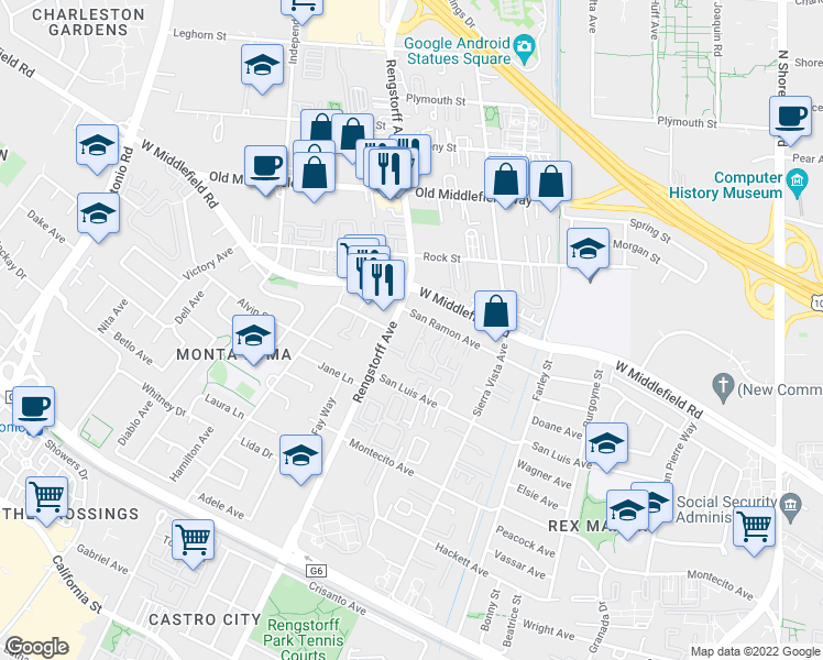 map of restaurants, bars, coffee shops, grocery stores, and more near 453 North Rengstorff Avenue in Mountain View