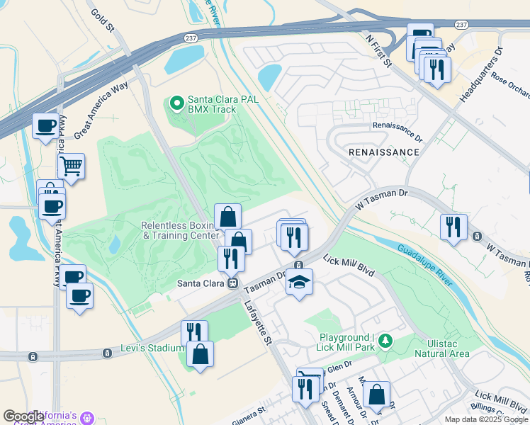 map of restaurants, bars, coffee shops, grocery stores, and more near 2275 Calle Del Mundo in Santa Clara