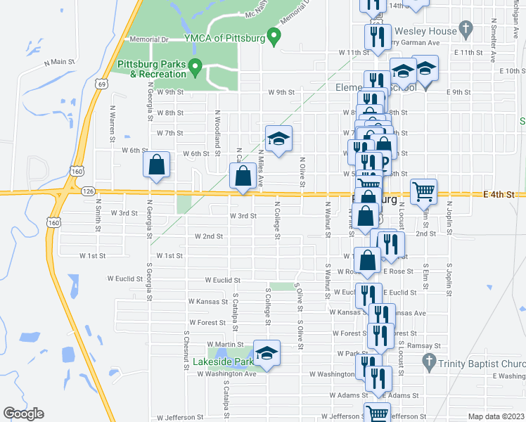 map of restaurants, bars, coffee shops, grocery stores, and more near 510 West 3rd Street in Pittsburg