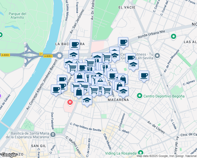 map of restaurants, bars, coffee shops, grocery stores, and more near 2A Calle Niña de la Alfalfa in Sevilla