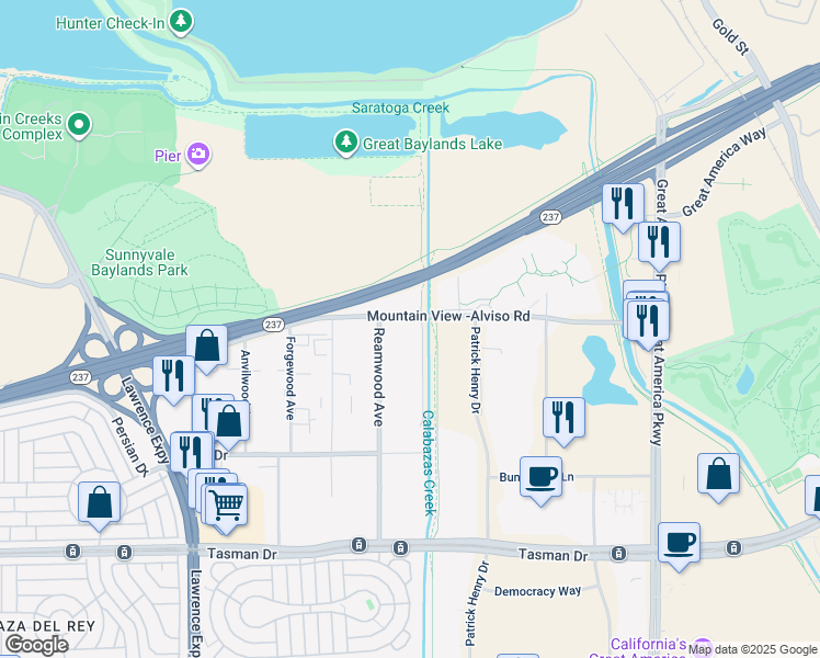 map of restaurants, bars, coffee shops, grocery stores, and more near 1290 Reamwood Avenue in Sunnyvale