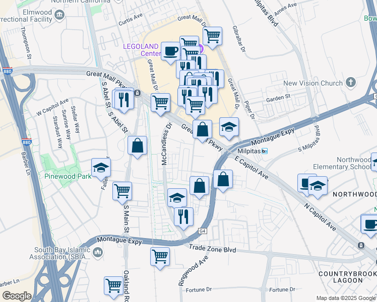 map of restaurants, bars, coffee shops, grocery stores, and more near 283 Baja Rose Street in Milpitas