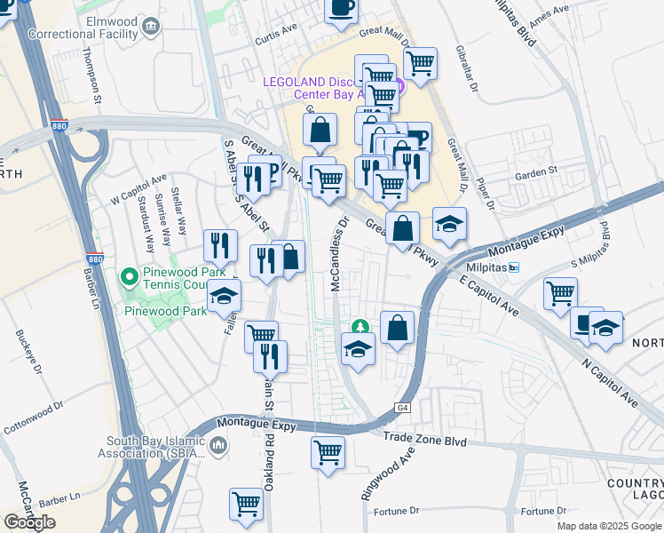 map of restaurants, bars, coffee shops, grocery stores, and more near 1505 Canal Street in Milpitas