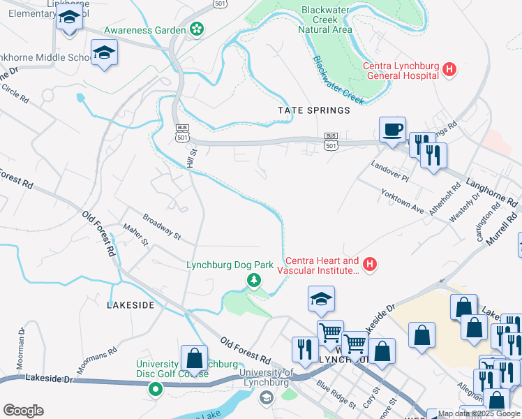 map of restaurants, bars, coffee shops, grocery stores, and more near 2820 Hill Street in Lynchburg
