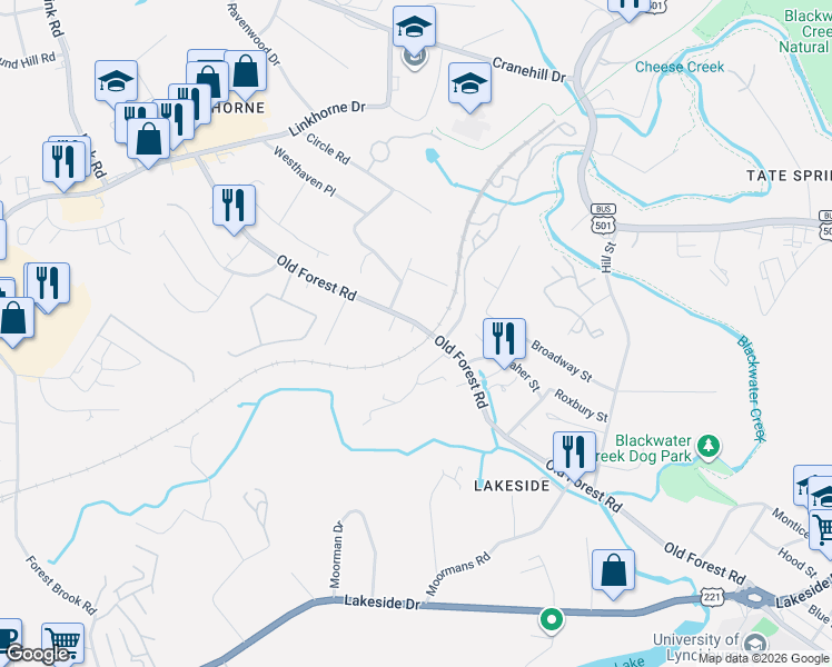 map of restaurants, bars, coffee shops, grocery stores, and more near 2307 Old Forest Road in Lynchburg