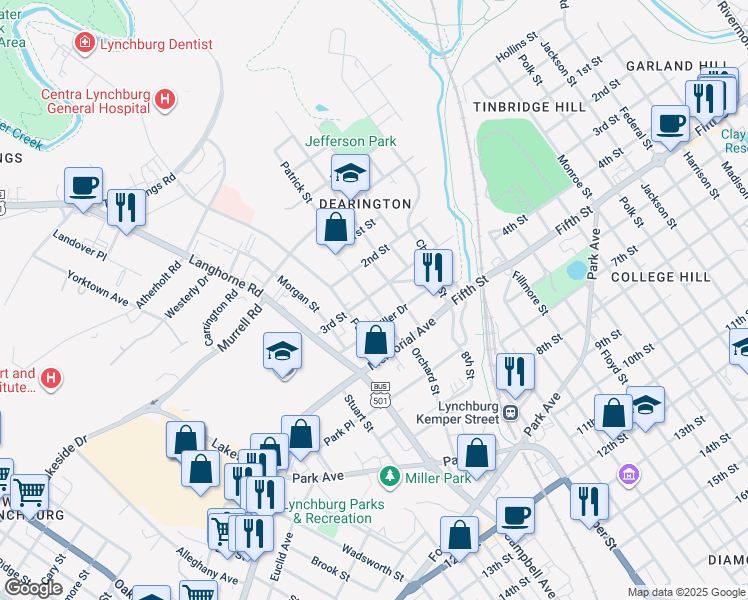 map of restaurants, bars, coffee shops, grocery stores, and more near 302 Munford Street in Lynchburg