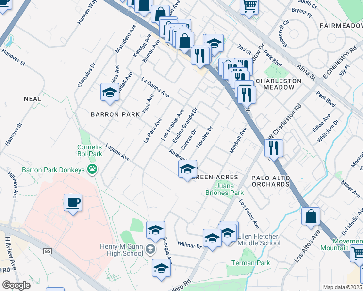 map of restaurants, bars, coffee shops, grocery stores, and more near 788 Cereza Drive in Palo Alto