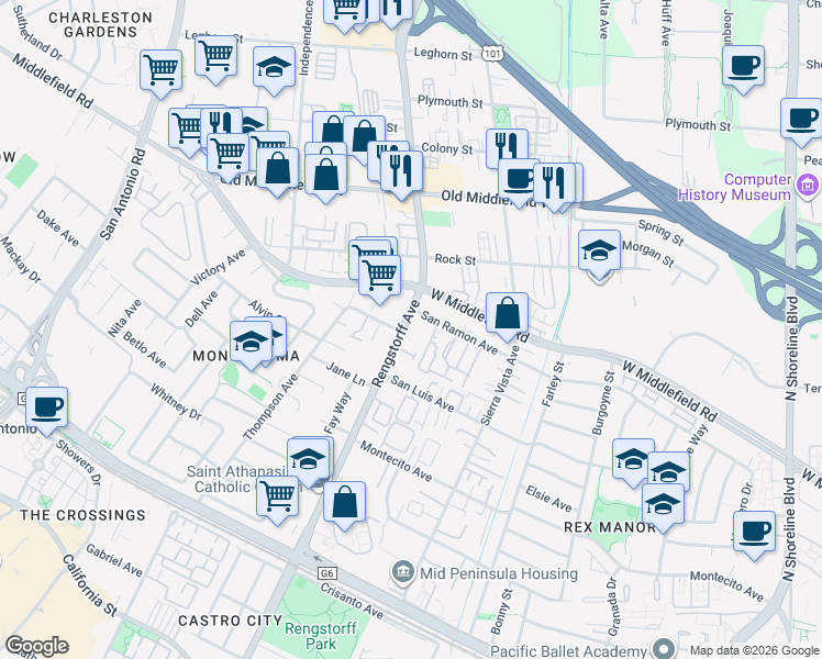 map of restaurants, bars, coffee shops, grocery stores, and more near 453 North Rengstorff Avenue in Mountain View