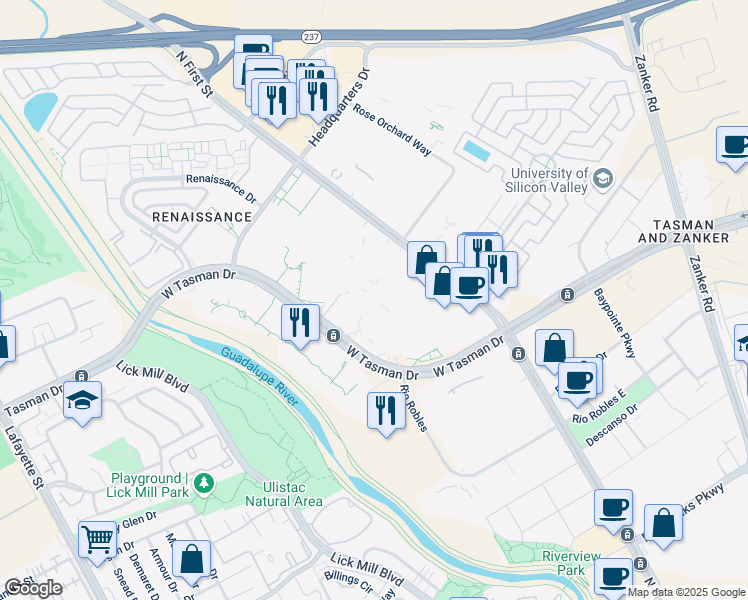 map of restaurants, bars, coffee shops, grocery stores, and more near 198 Champion Court in San Jose
