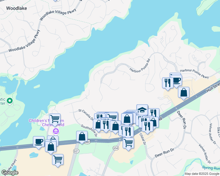 map of restaurants, bars, coffee shops, grocery stores, and more near 13917 Eastbluff Rd in Chesterfield