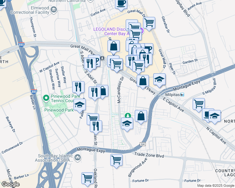 map of restaurants, bars, coffee shops, grocery stores, and more near 1505 Canal Street in Milpitas