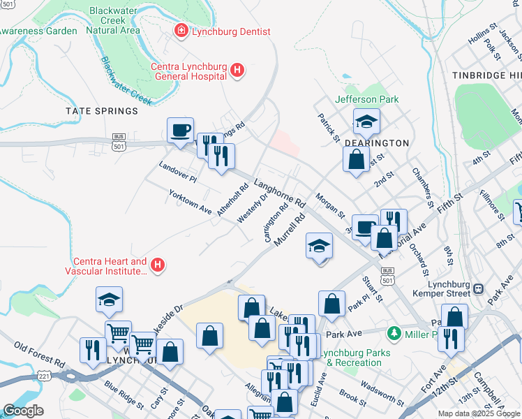 map of restaurants, bars, coffee shops, grocery stores, and more near 2114 Westerly Drive in Lynchburg