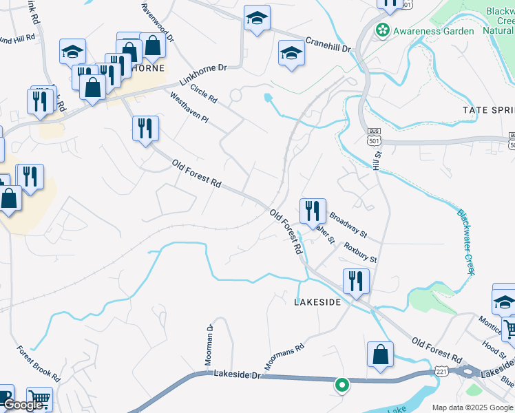 map of restaurants, bars, coffee shops, grocery stores, and more near 2307 Old Forest Road in Lynchburg