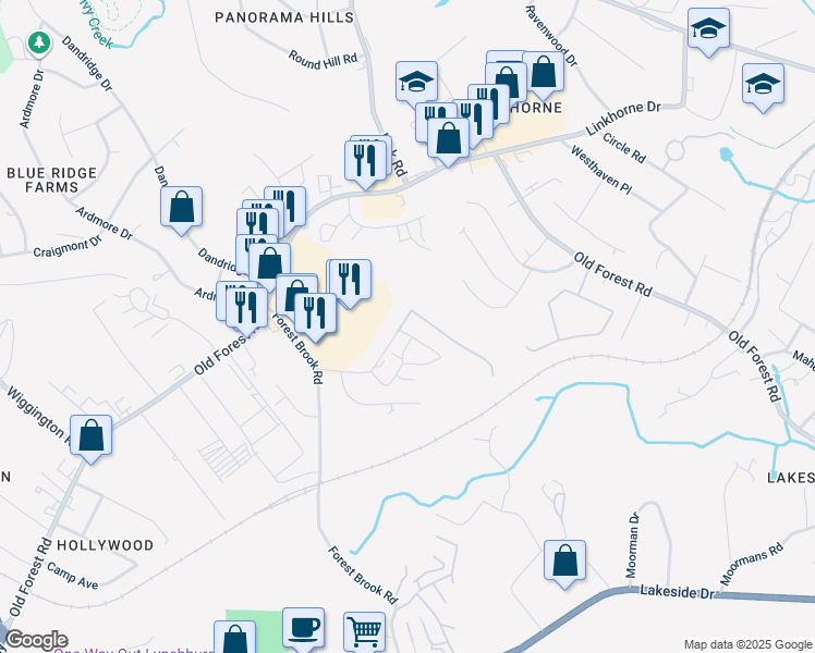 map of restaurants, bars, coffee shops, grocery stores, and more near 1001 Belle Terre Drive in Lynchburg