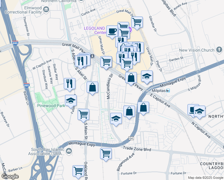 map of restaurants, bars, coffee shops, grocery stores, and more near 1509 Bleecker Street in Milpitas