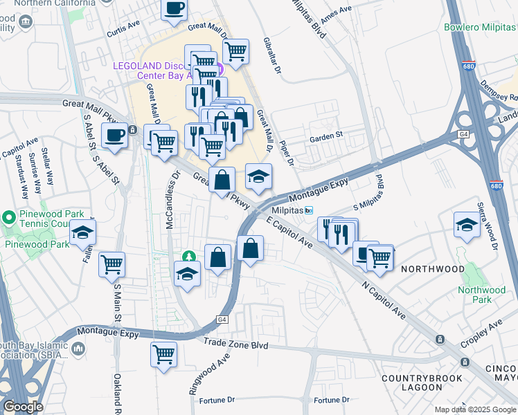 map of restaurants, bars, coffee shops, grocery stores, and more near Montague Expressway & East Capitol Avenue in Milpitas